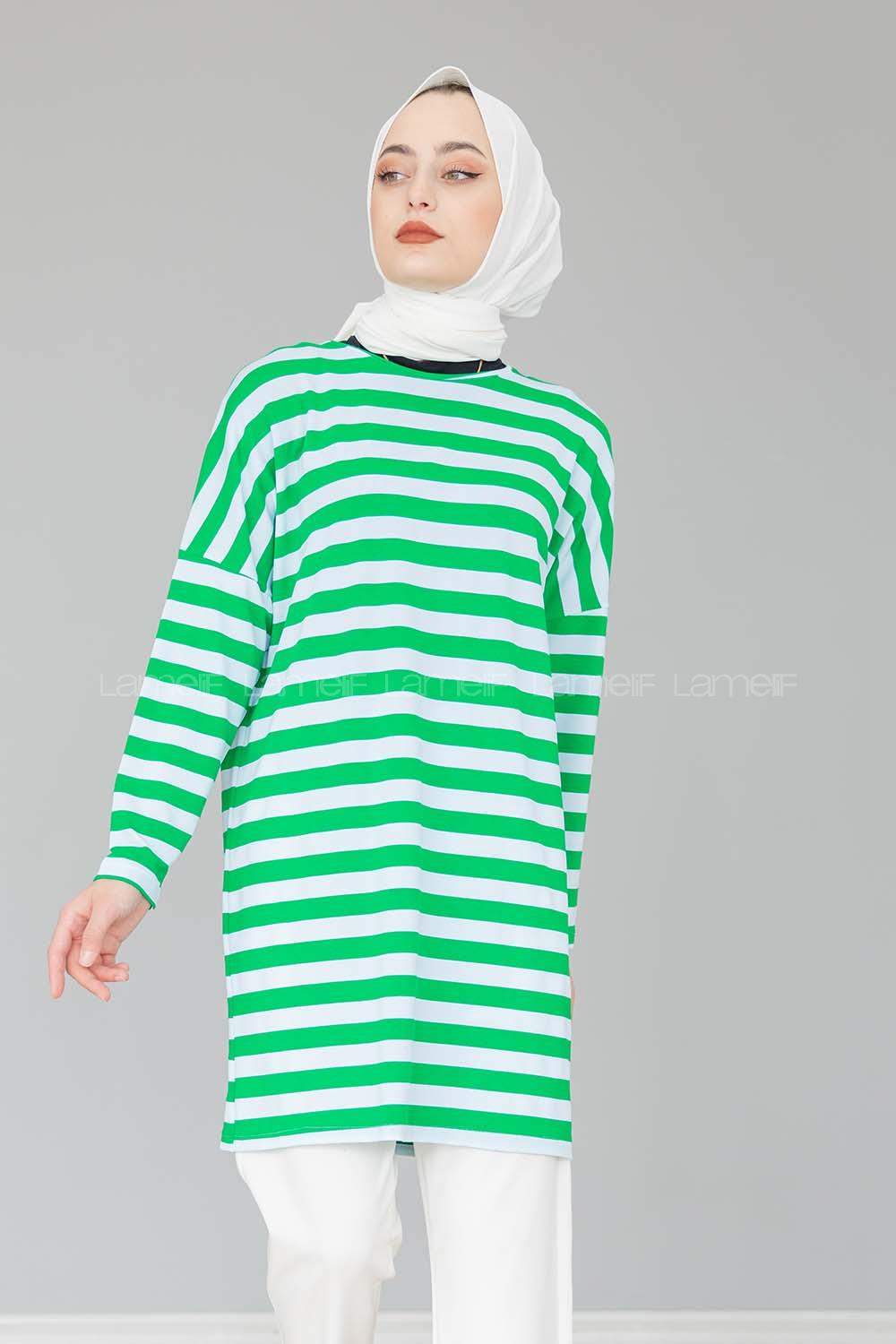 Modalamelif Bisiklet Yaka Kalın  Çizgili Sweat Shirt  Yeşil