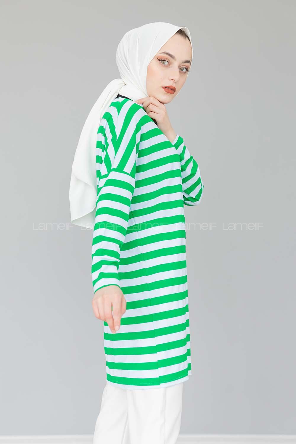 Modalamelif Bisiklet Yaka Kalın  Çizgili Sweat Shirt  Yeşil