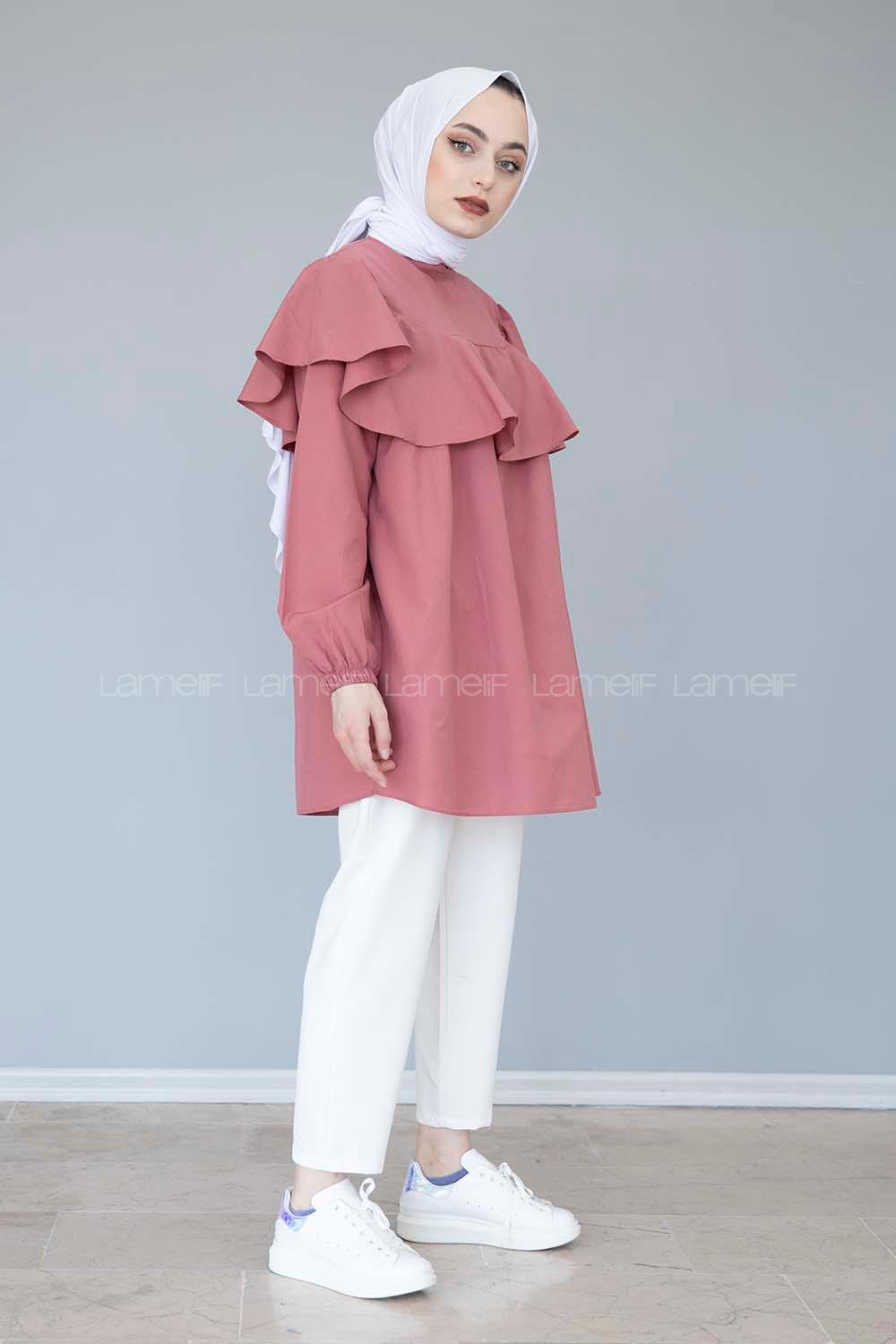 Modalamelif Hakim Yaka Kol Lastik Tunik Gül