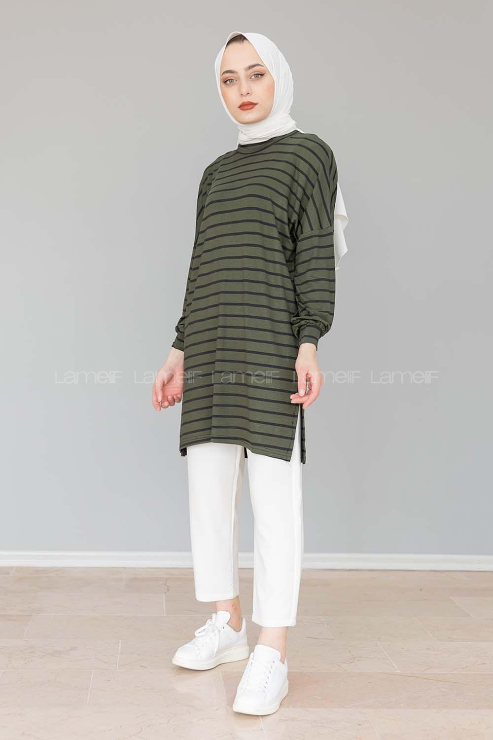 Modalamelif İnce Siyah Çizgili Tunik Asker Yeşili