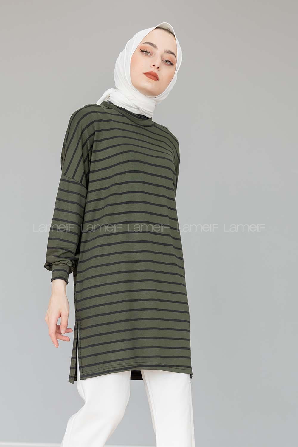 Modalamelif İnce Siyah Çizgili Tunik Asker Yeşili