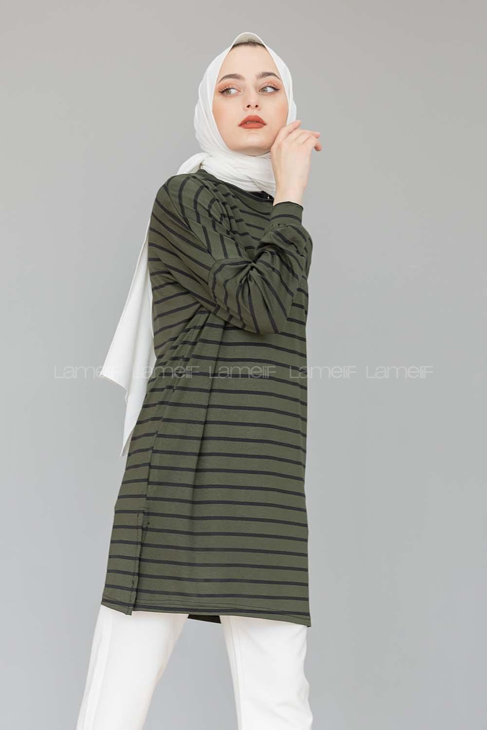 Modalamelif İnce Siyah Çizgili Tunik Asker Yeşili