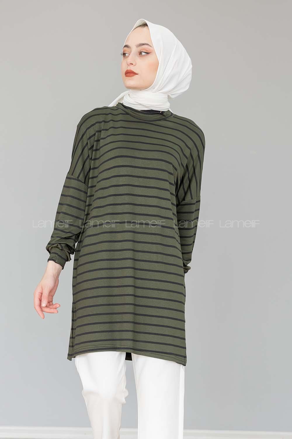 Modalamelif İnce Siyah Çizgili Tunik Asker Yeşili