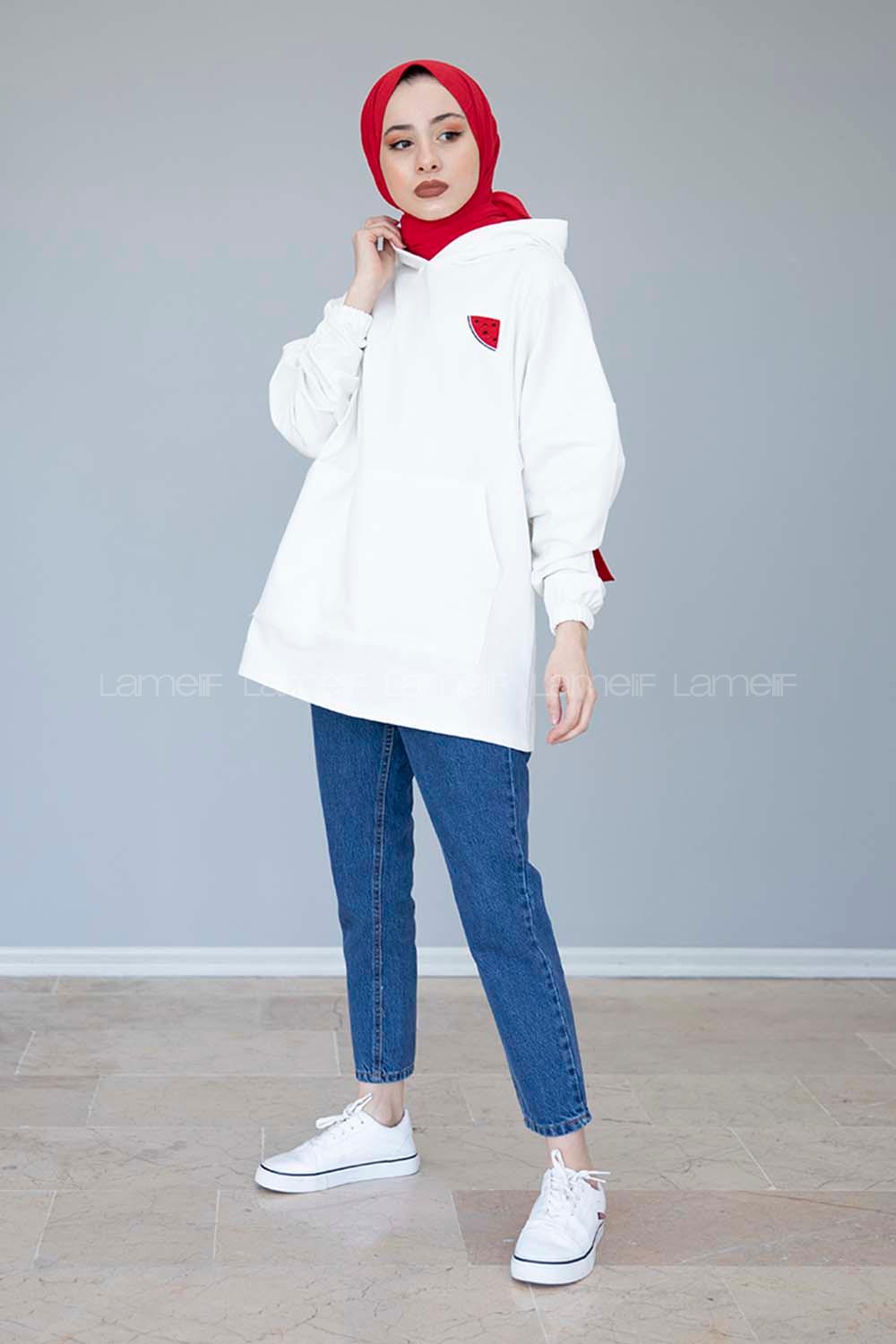 Modalamelif Kapşonlu Karpuz Nakışlı Sweatshirt Beyaz