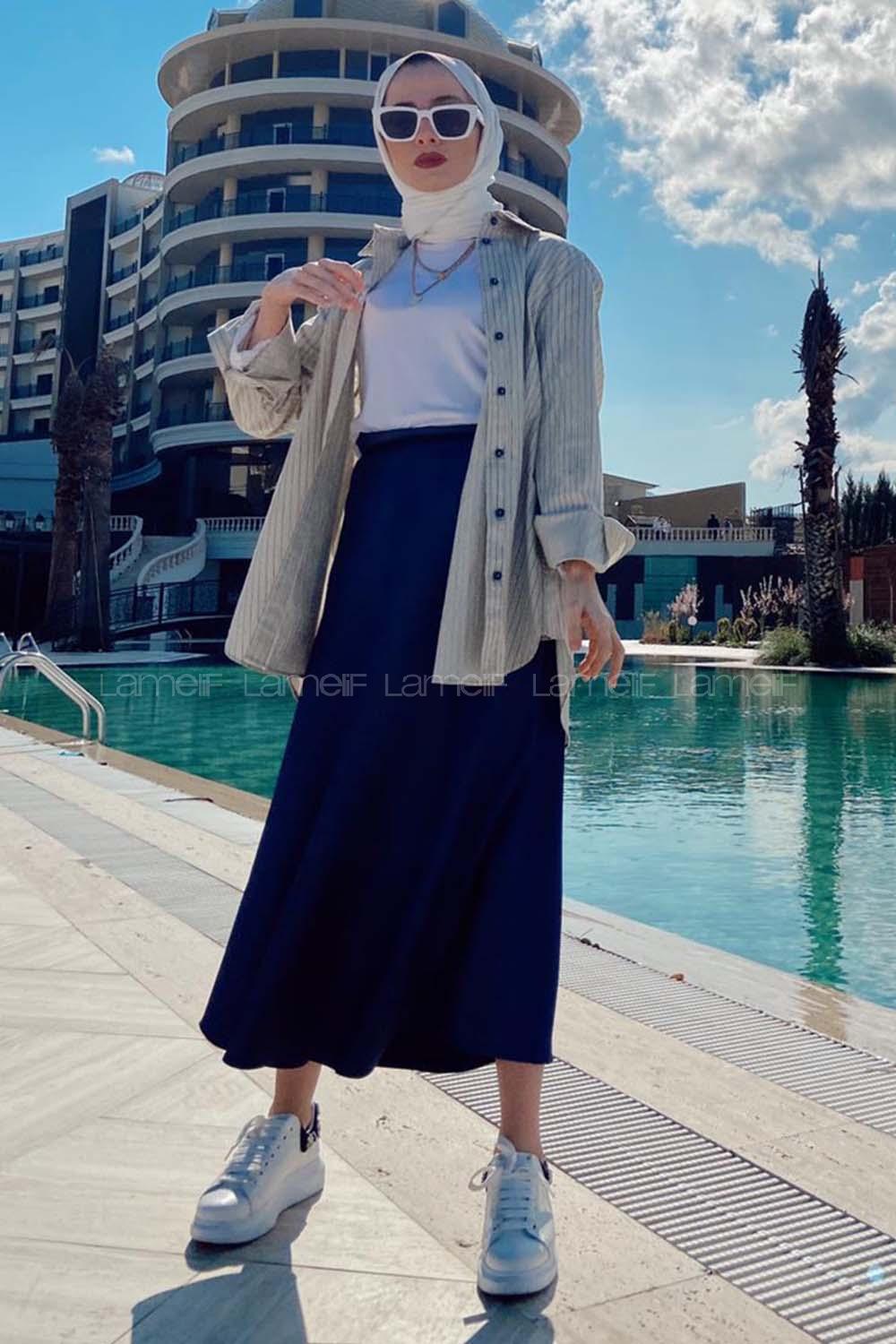 Modalamelif Önü Düğmeli Çizgili  Gömlek Krem