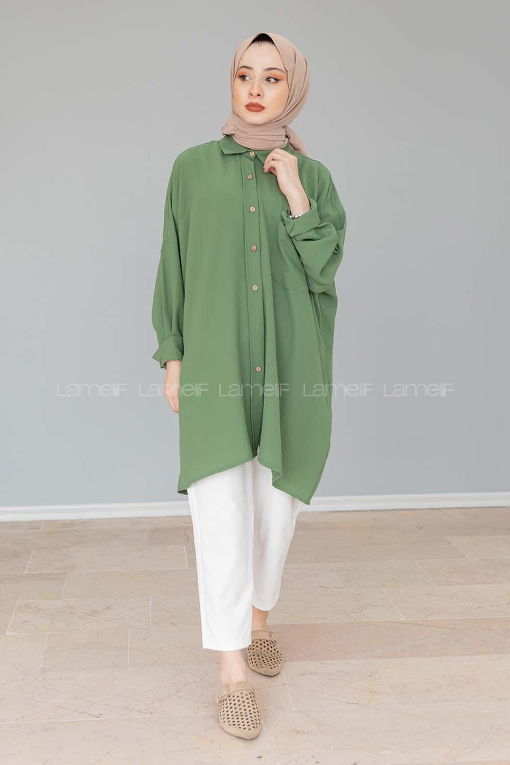 Modalamelif Önü Düğmeli Gizli Cep Detaylı Gömlek Haki