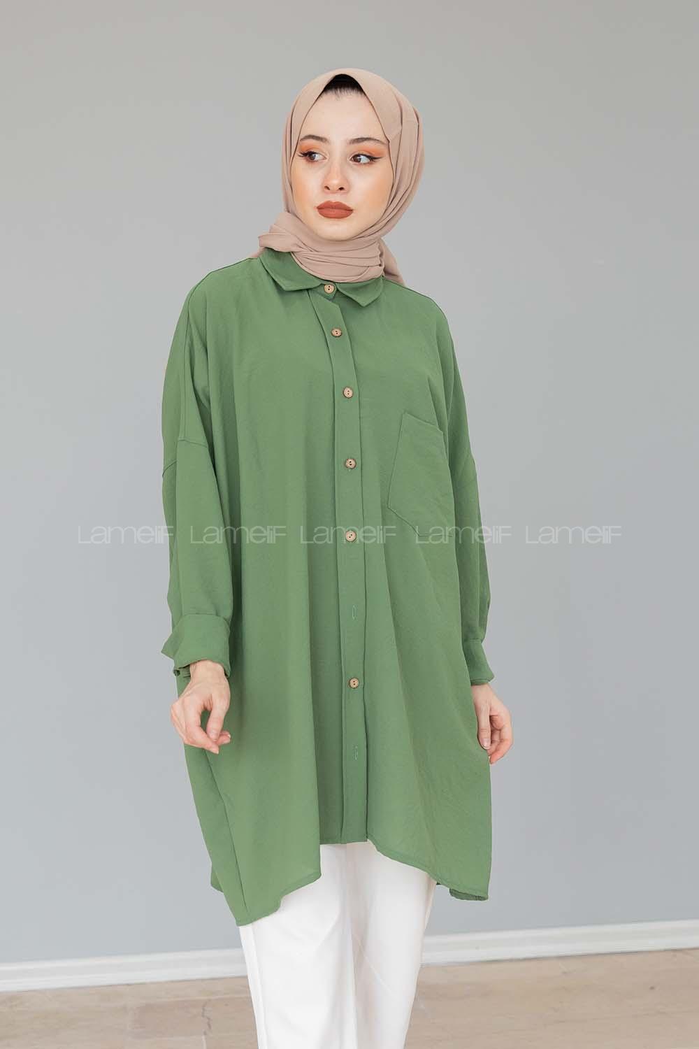 Modalamelif Önü Düğmeli Gizli Cep Detaylı Gömlek Haki