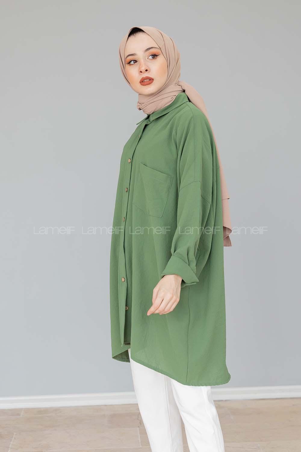 Modalamelif Önü Düğmeli Gizli Cep Detaylı Gömlek Haki