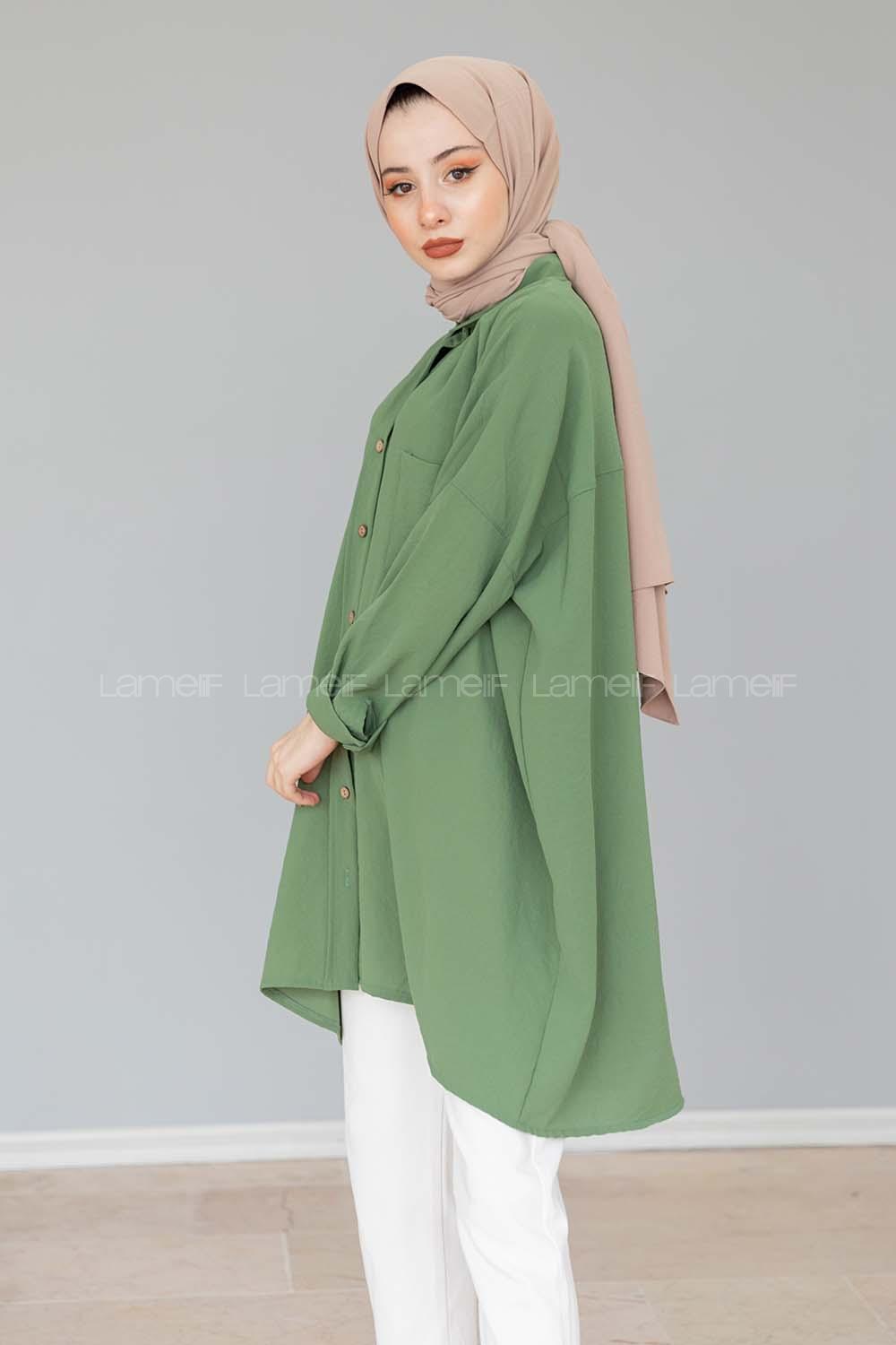 Modalamelif Önü Düğmeli Gizli Cep Detaylı Gömlek Haki