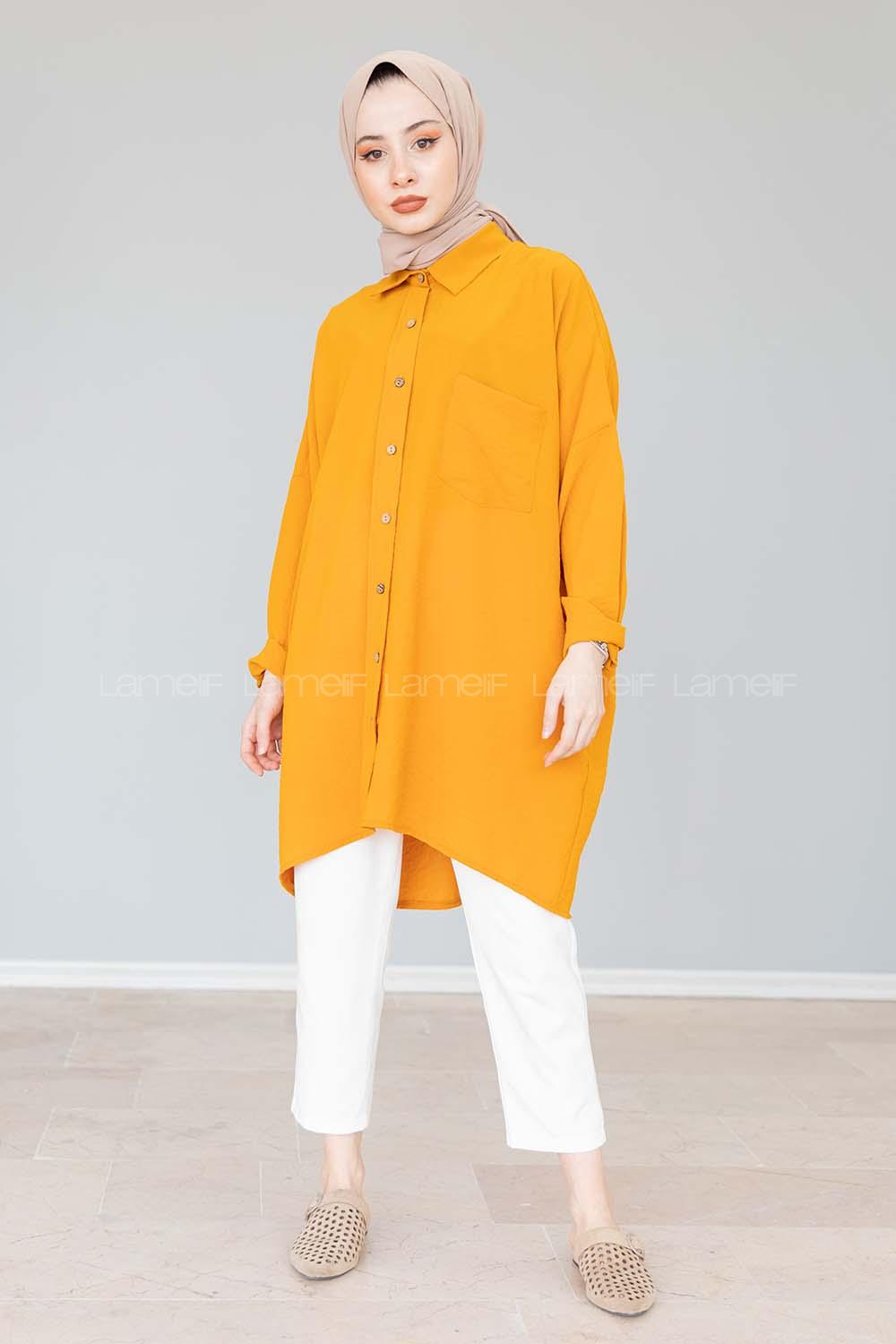 Modalamelif Önü Düğmeli Gizli Cep Detaylı Gömlek Hardal Sarısı