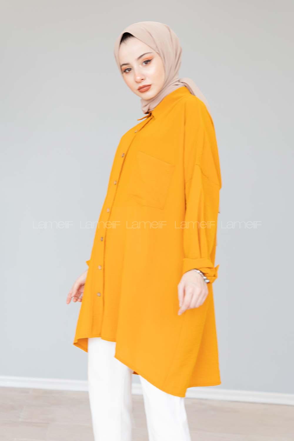 Modalamelif Önü Düğmeli Gizli Cep Detaylı Gömlek Hardal Sarısı