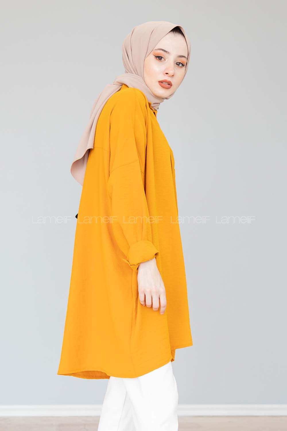 Modalamelif Önü Düğmeli Gizli Cep Detaylı Gömlek Hardal Sarısı