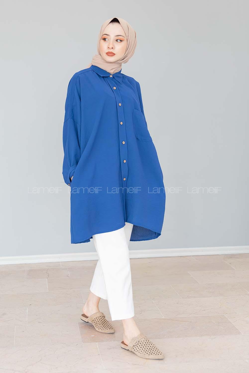 Modalamelif Önü Düğmeli Gizli Cep Detaylı Gömlek İndigo