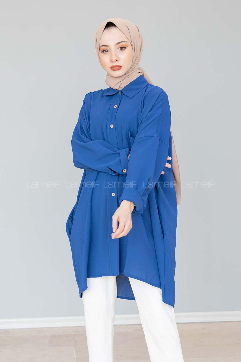 Modalamelif Önü Düğmeli Gizli Cep Detaylı Gömlek İndigo