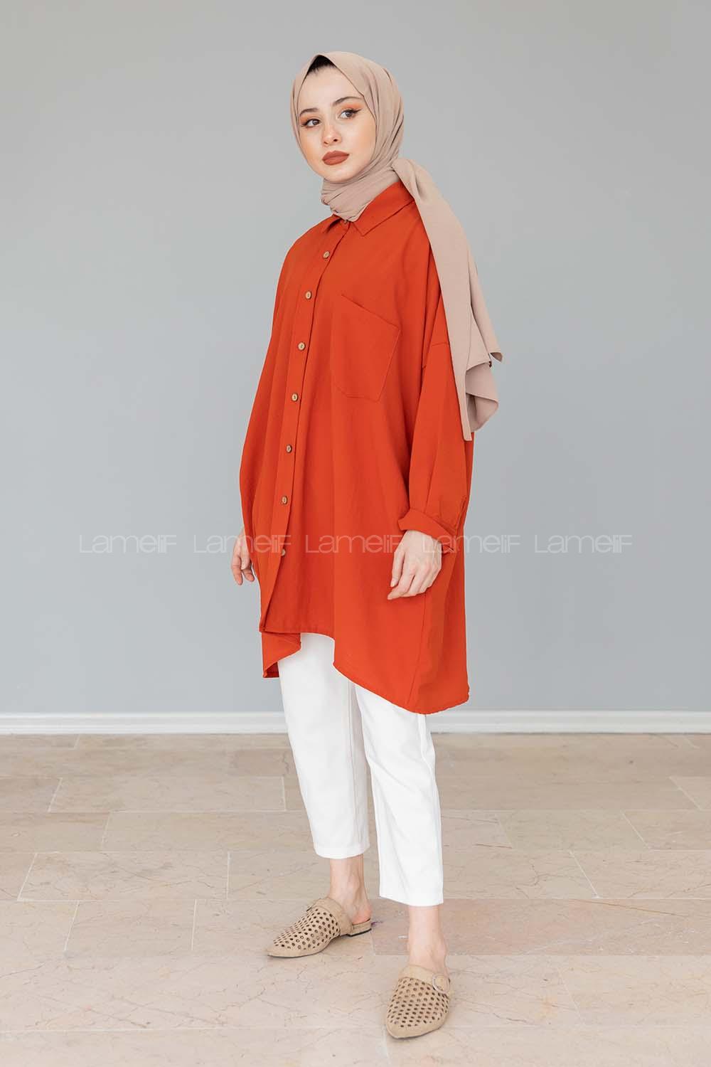Modalamelif Önü Düğmeli Gizli Cep Detaylı Gömlek Kiremit