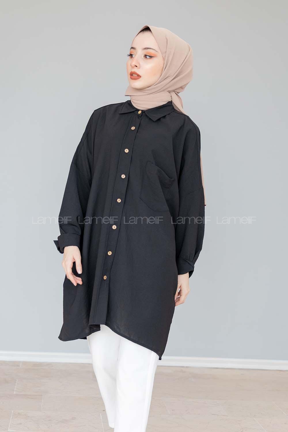 Modalamelif Önü Düğmeli Gizli Cep Detaylı Gömlek Siyah