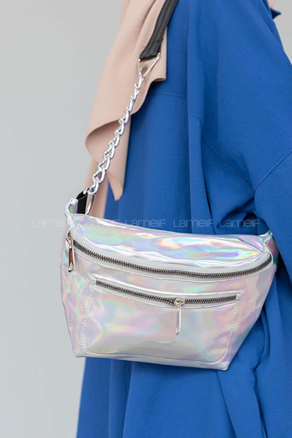 Modalamelif Parlak Renk Bel Çantası Gri