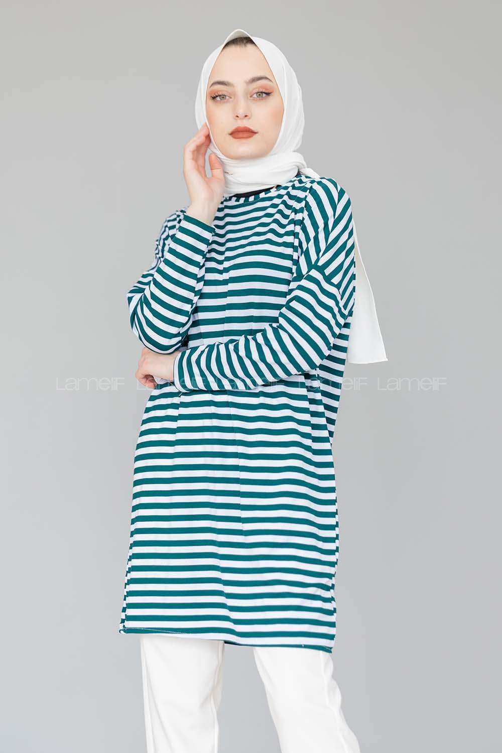 Modalamelif Yaka Çİzgi Detaylı Tunik Zümrüt Yeşili