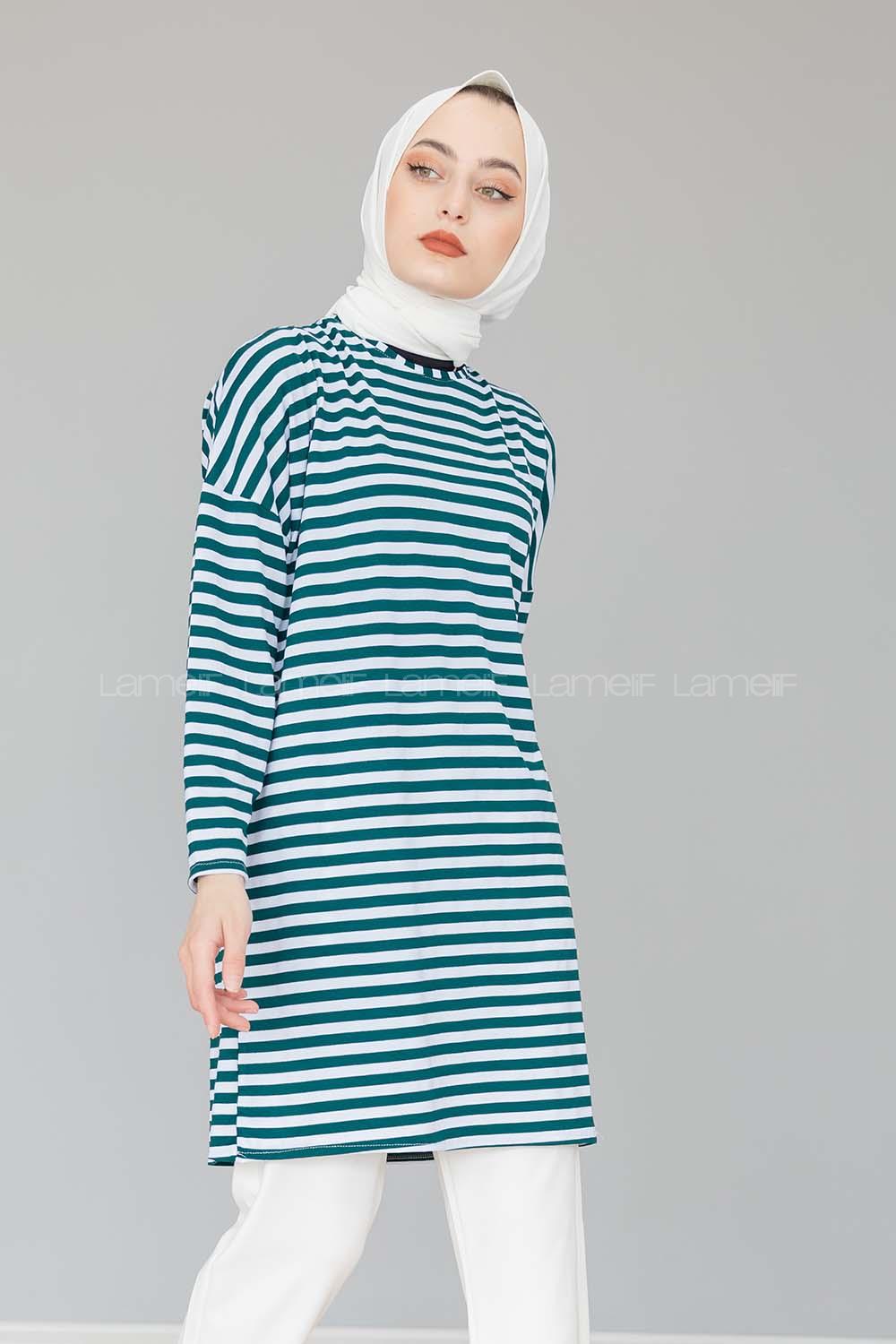 Modalamelif Yaka Çİzgi Detaylı Tunik Zümrüt Yeşili