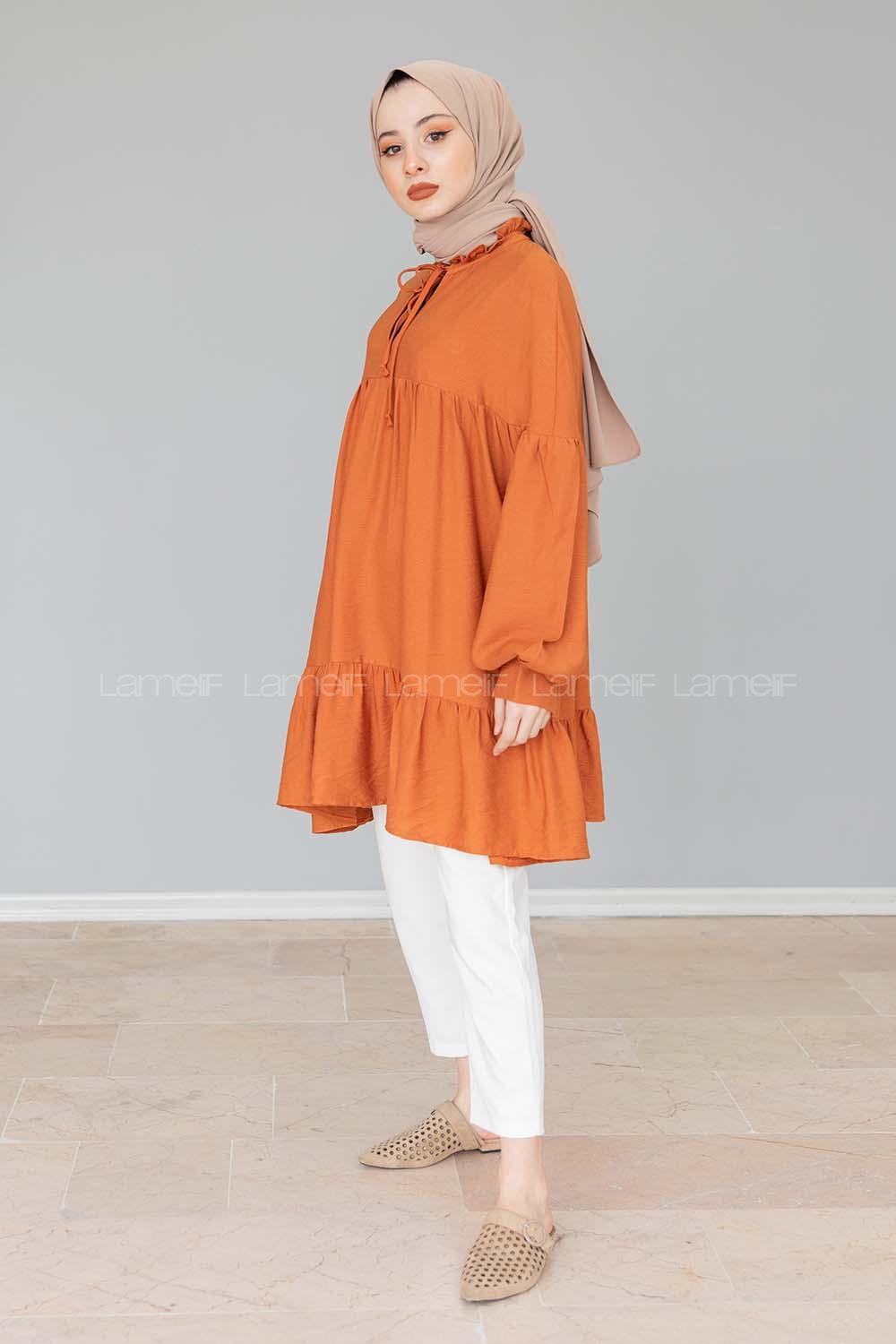 Modalamelif Yaka Fırfırlı Balon Kol Tunik Tarçın