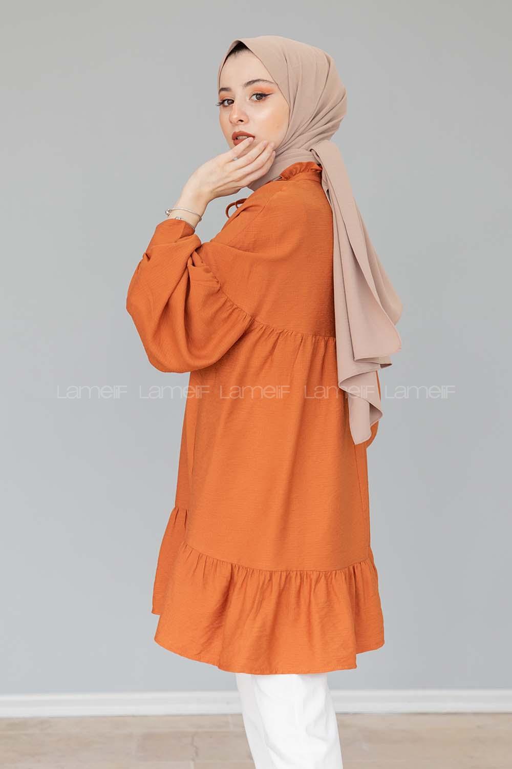 Modalamelif Yaka Fırfırlı Balon Kol Tunik Tarçın