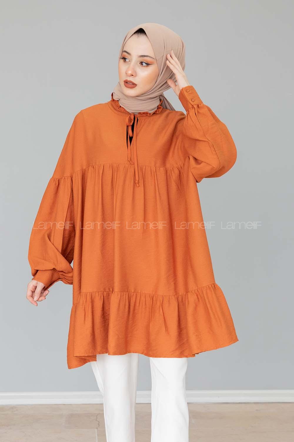 Modalamelif Yaka Fırfırlı Balon Kol Tunik Tarçın