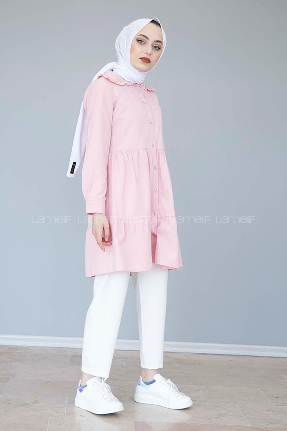 Modalamelif Yaka Fırfırlı Pileli Tunik Pudra