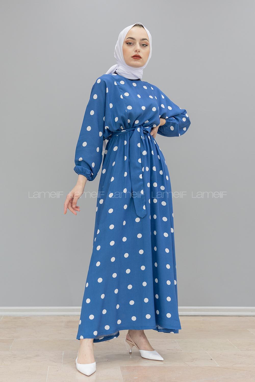 Modalamelif Yarasa Kol  Puantiye Desenli Elbise İndigo