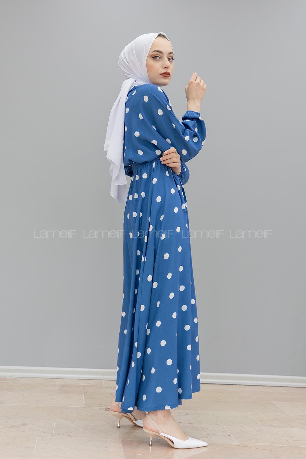 Modalamelif Yarasa Kol  Puantiye Desenli Elbise İndigo