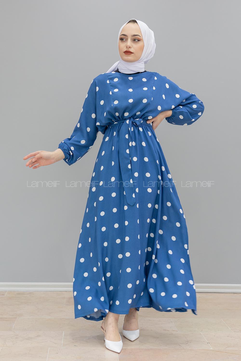 Modalamelif Yarasa Kol  Puantiye Desenli Elbise İndigo