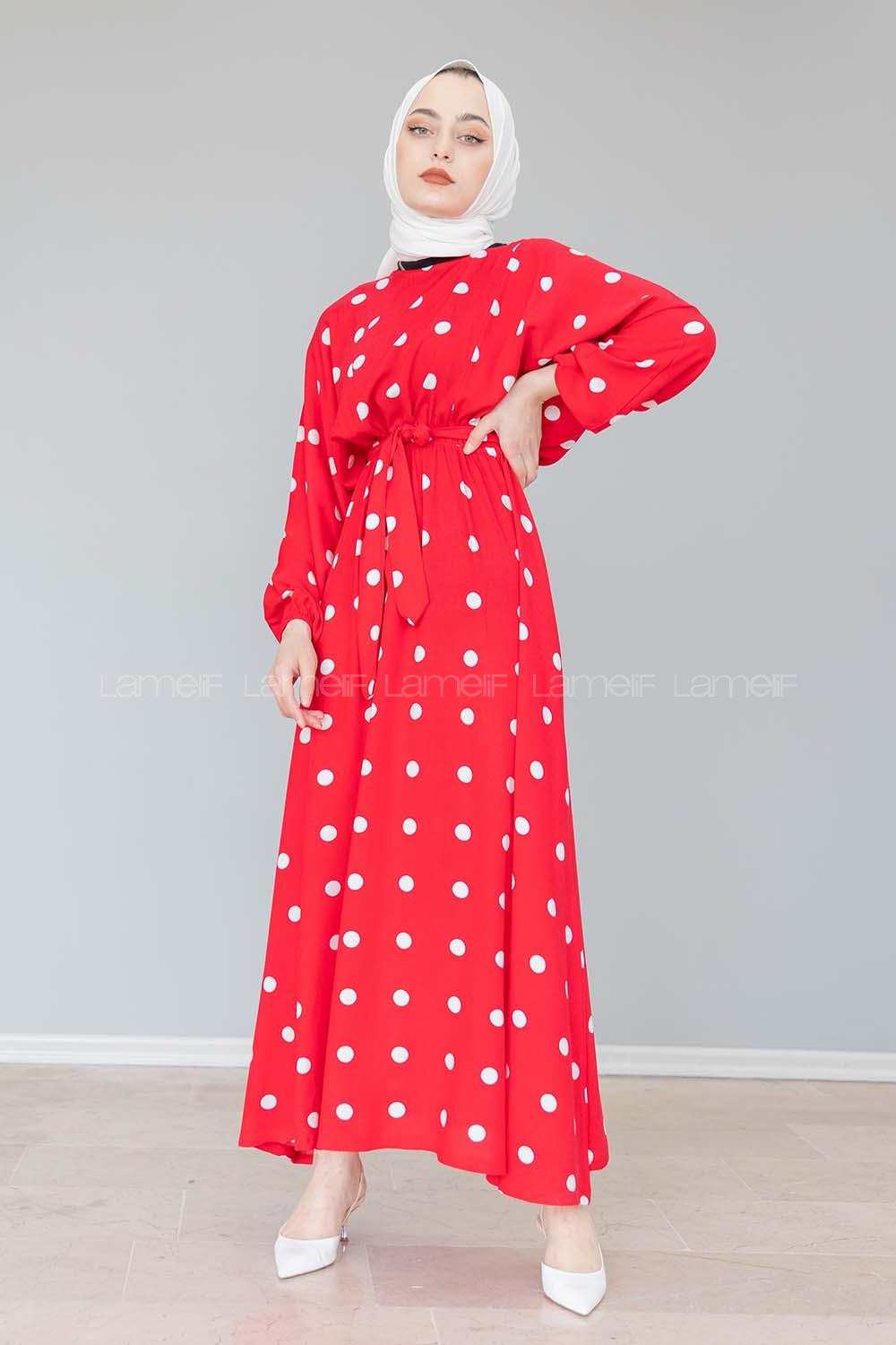 Modalamelif Yarasa Kol  Puantiye Desenli Elbise Kırmızı