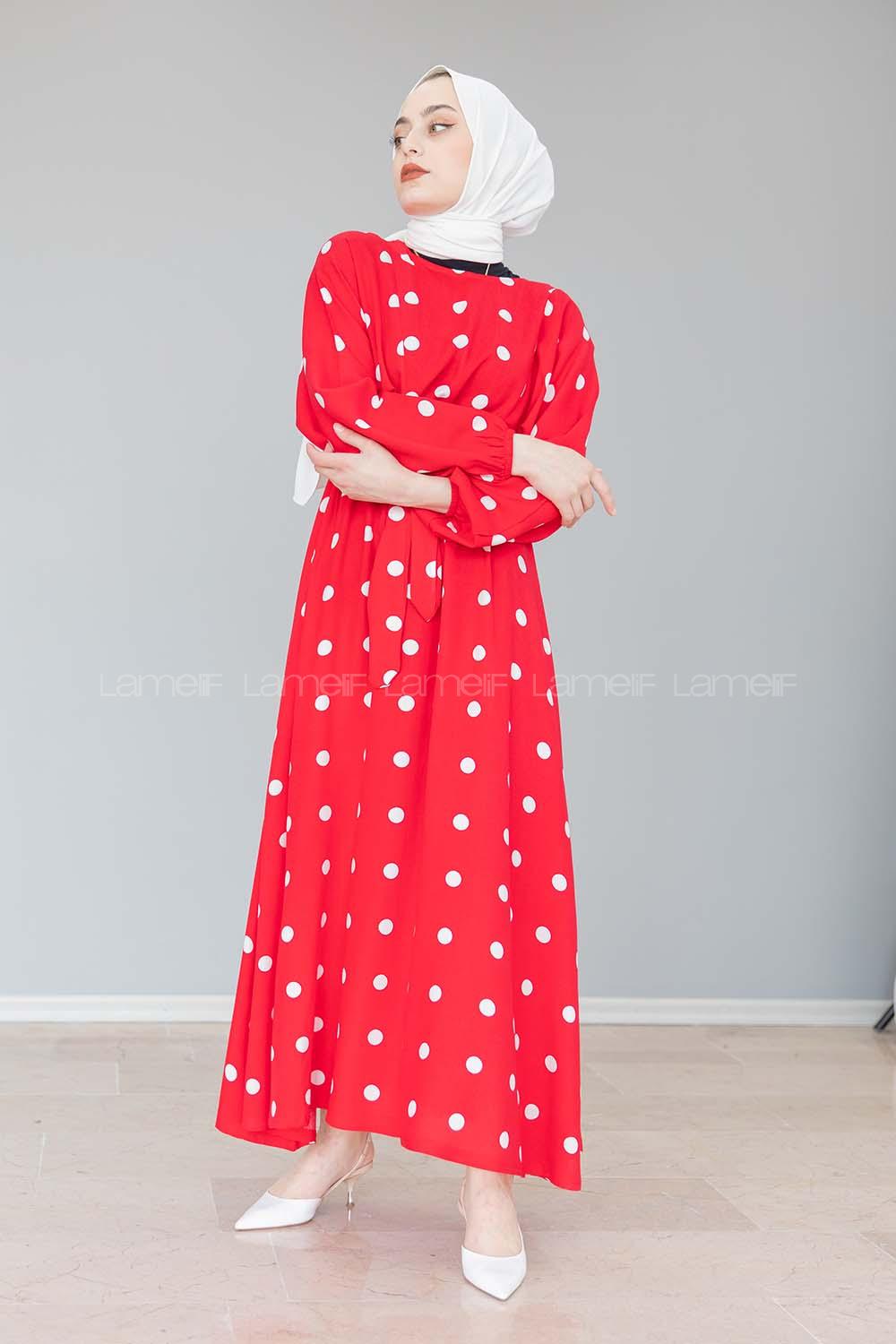 Modalamelif Yarasa Kol  Puantiye Desenli Elbise Kırmızı