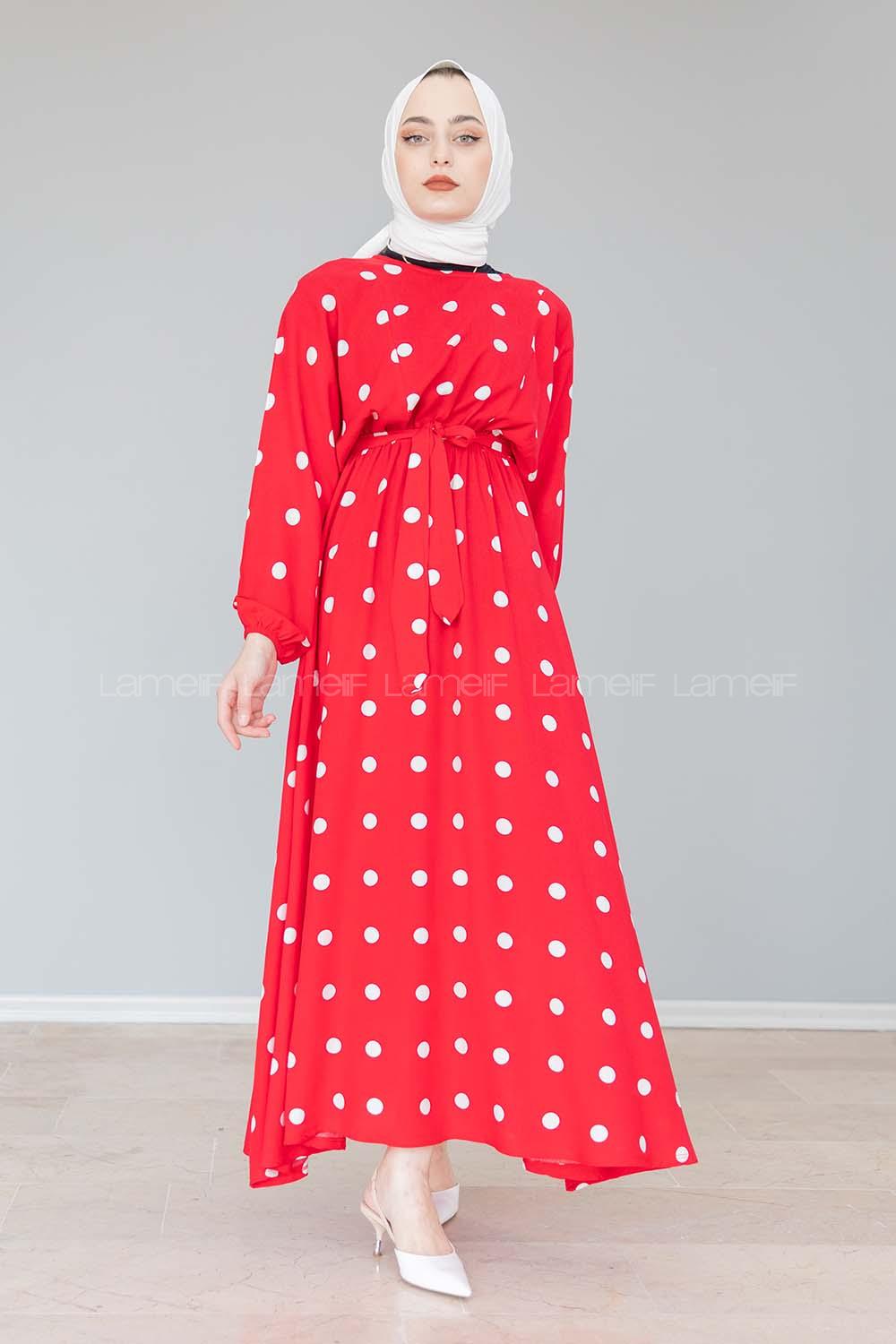Modalamelif Yarasa Kol  Puantiye Desenli Elbise Kırmızı