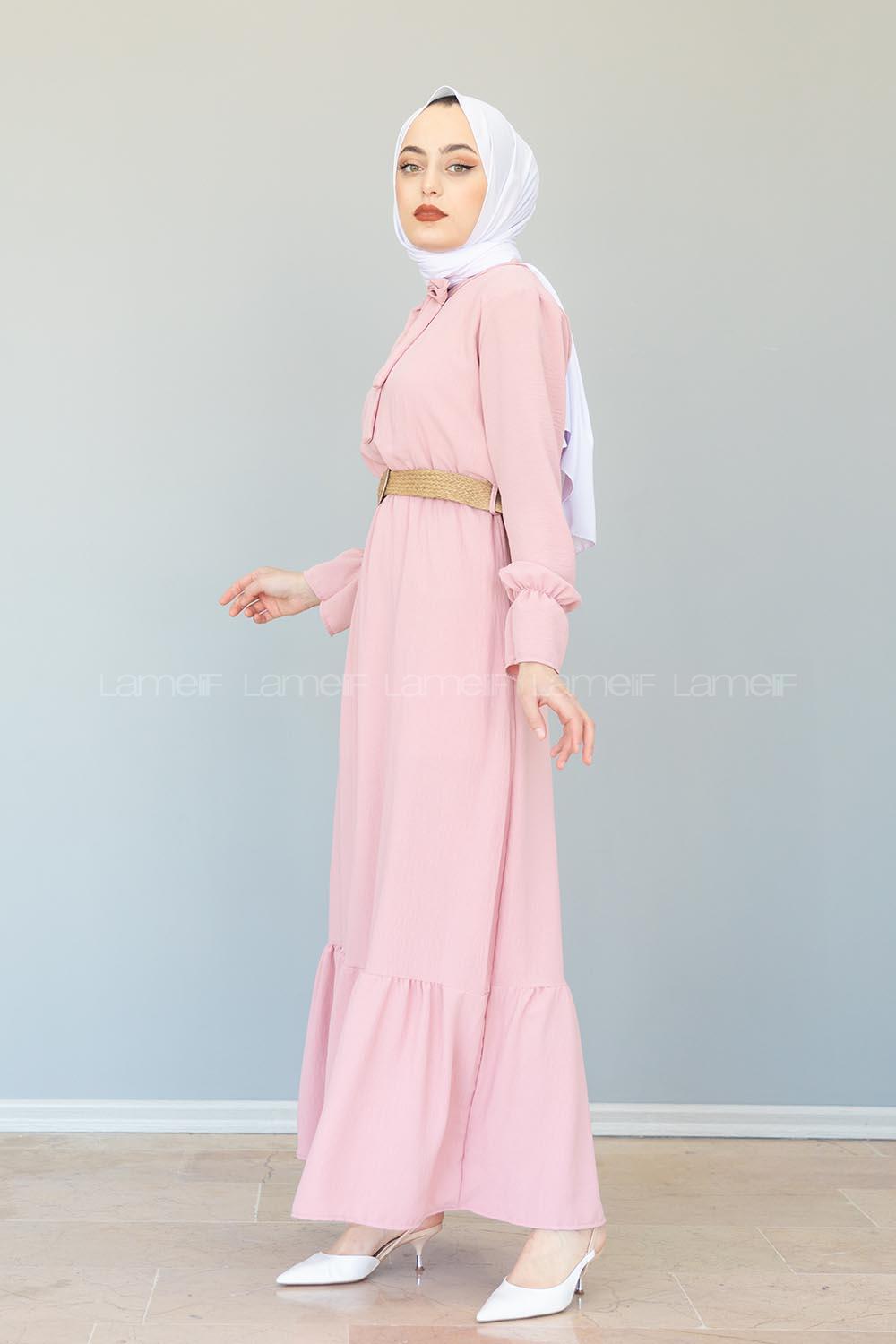 Modalamelif Hasır Kemerli Ayrobin Elbise Pudra