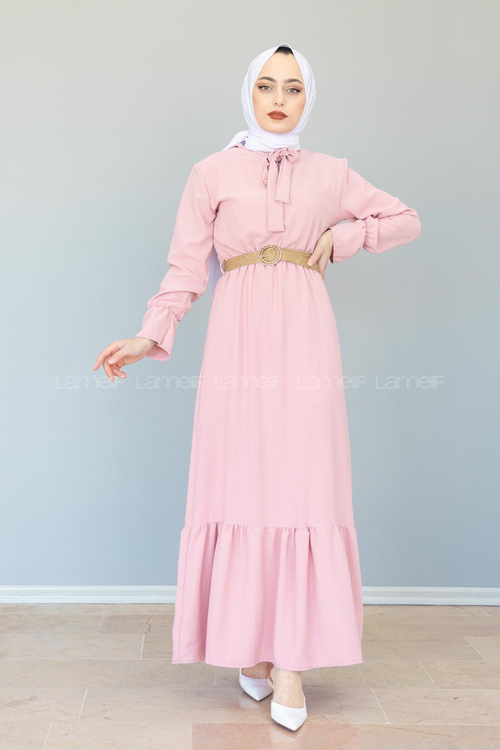 Modalamelif Hasır Kemerli Ayrobin Elbise Pudra