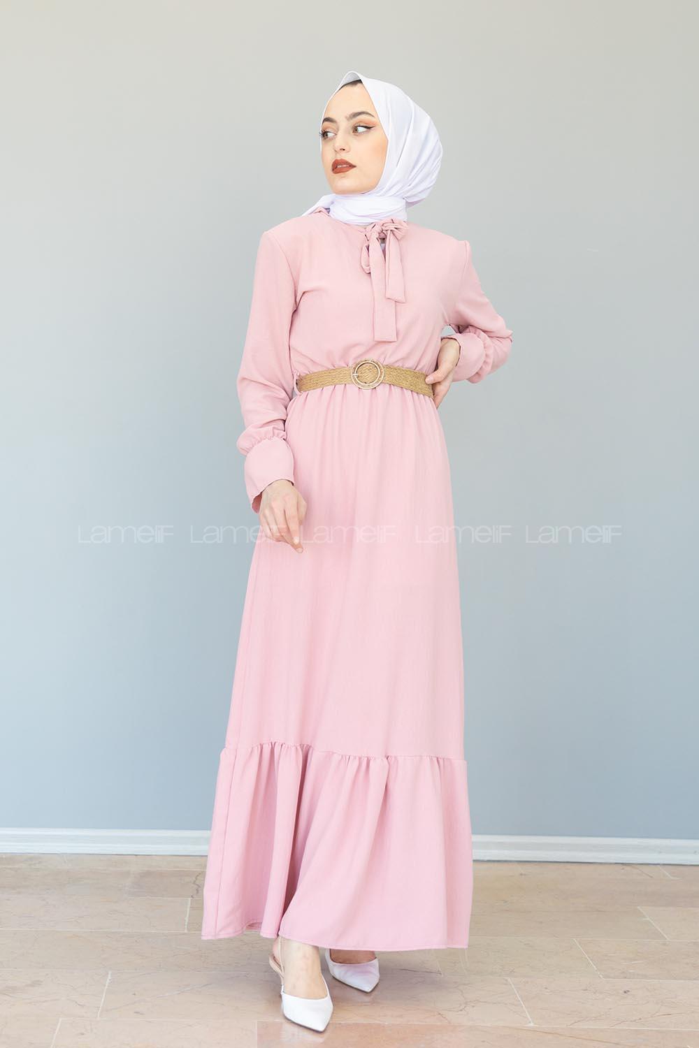 Modalamelif Hasır Kemerli Ayrobin Elbise Pudra