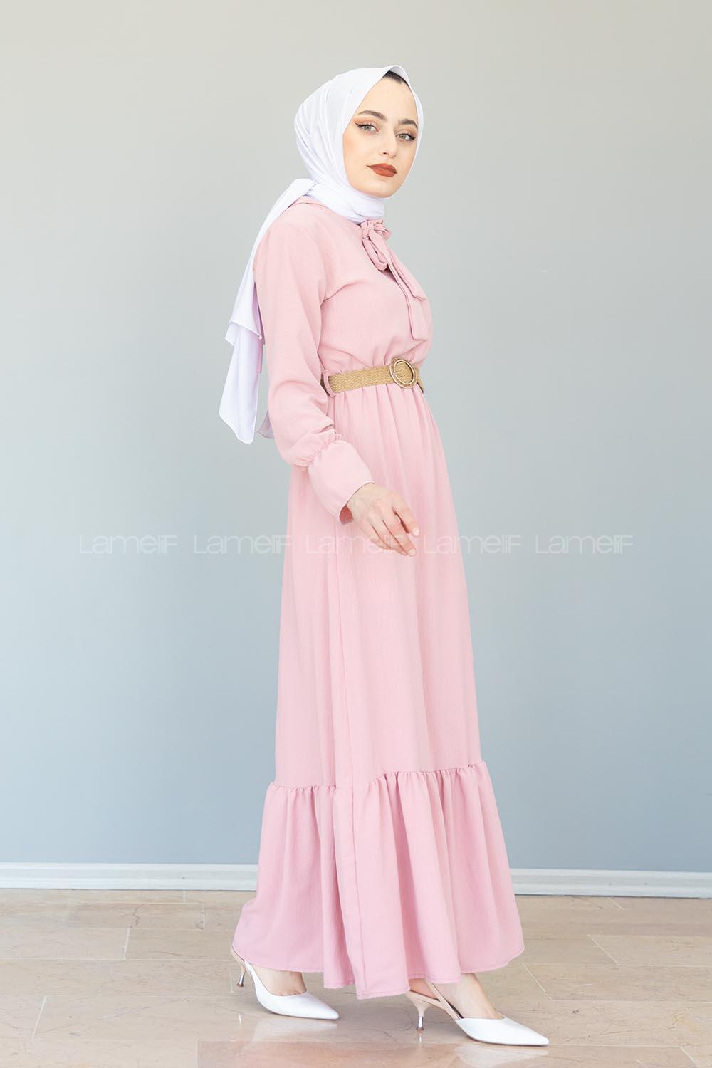 Modalamelif Hasır Kemerli Ayrobin Elbise Pudra