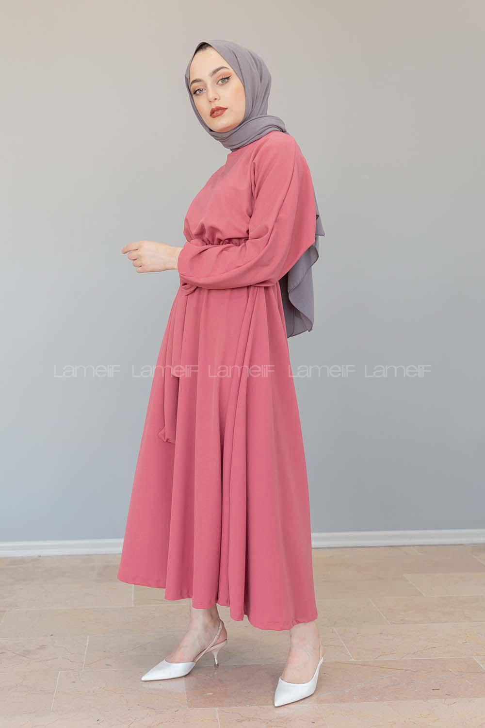 Modalamelif Yarasa Kol Kloş Etekli Mevlana Elbise Pudra