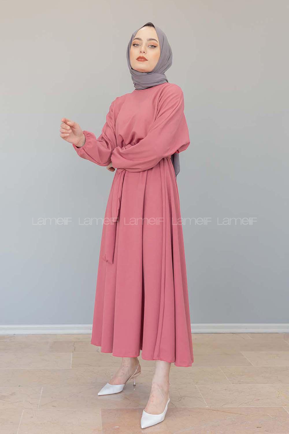 Modalamelif Yarasa Kol Kloş Etekli Mevlana Elbise Pudra