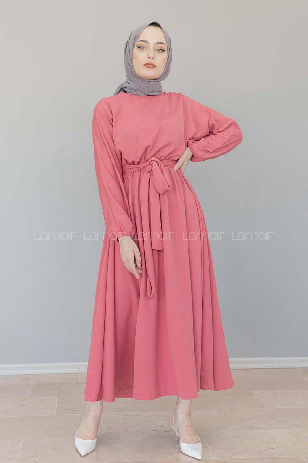 Modalamelif Yarasa Kol Kloş Etekli Mevlana Elbise Pudra