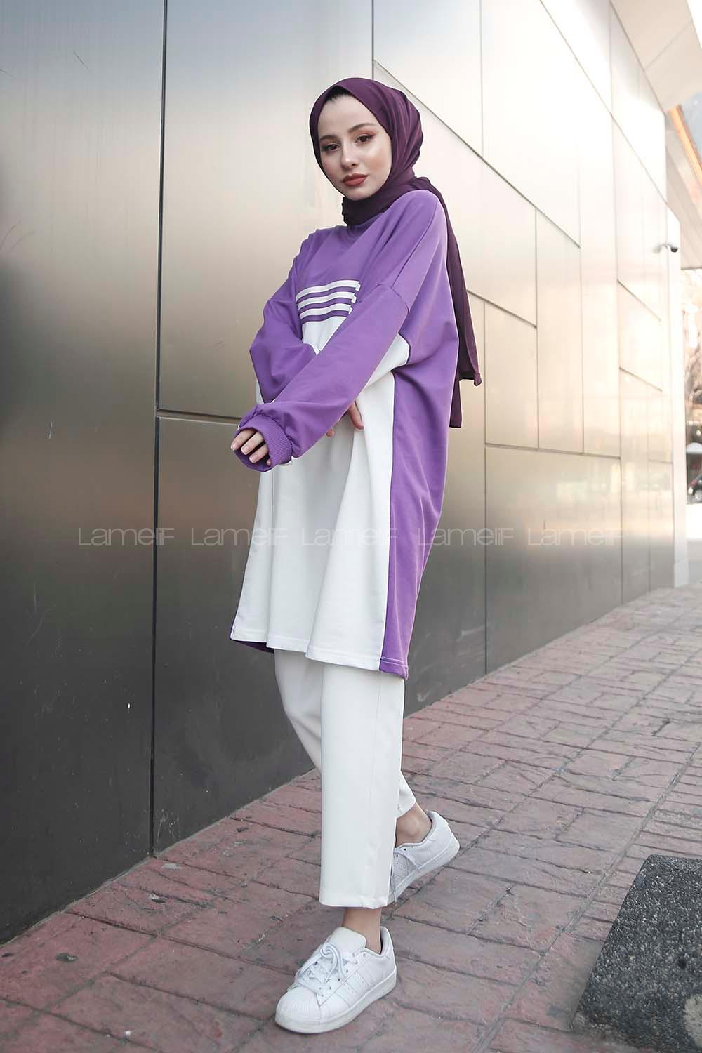 Modalamelif Şerit Çizgili Tunik Mor