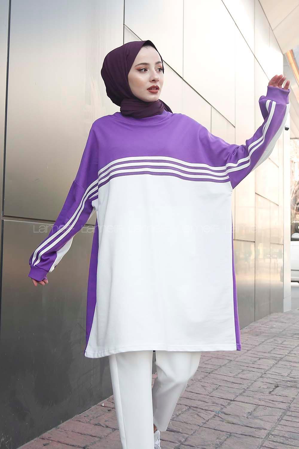 Modalamelif Şerit Çizgili Tunik Mor