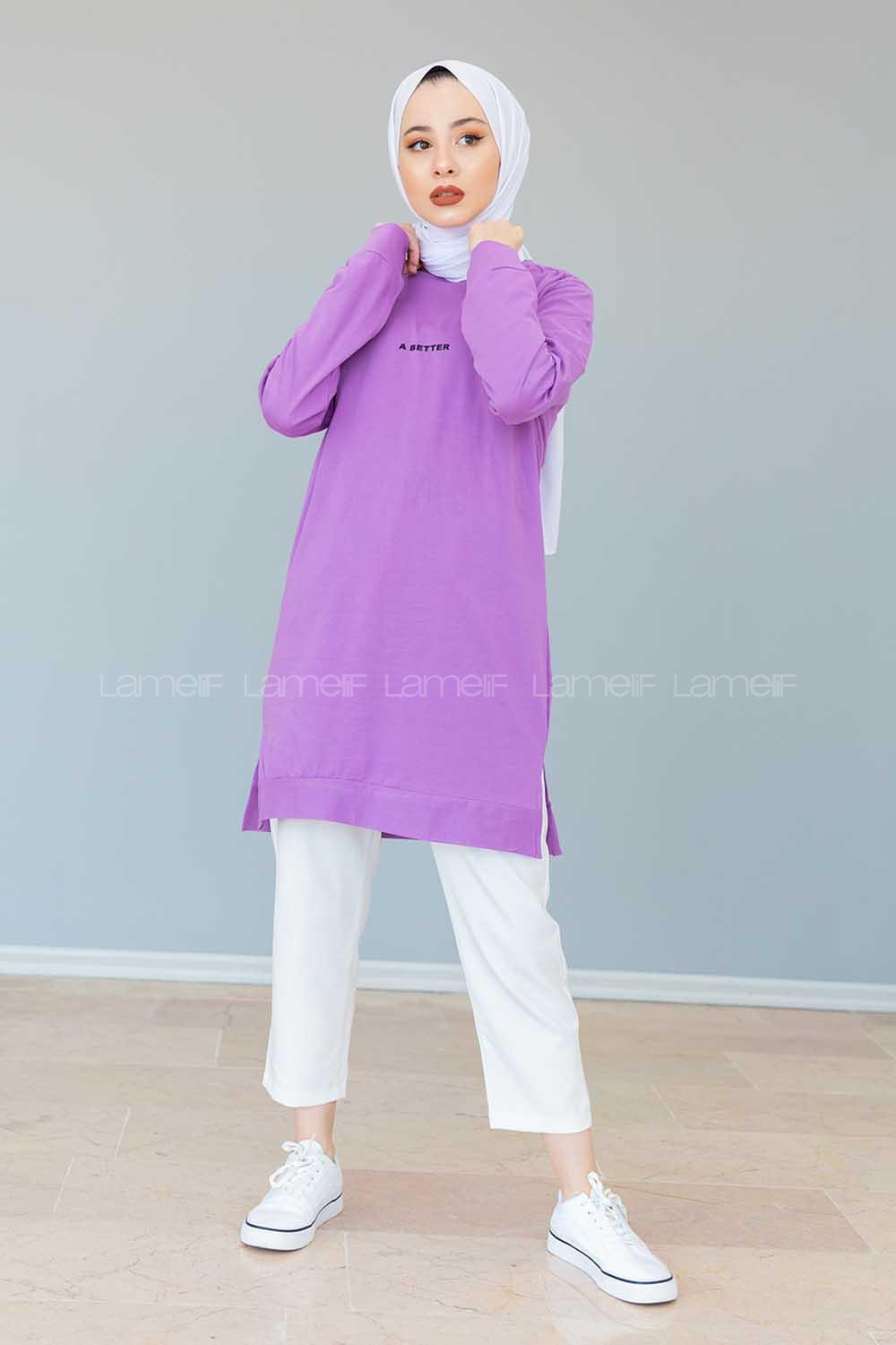 Modalamelif A Better Baskılı Yırtmaçlı Sweatshirt Lila