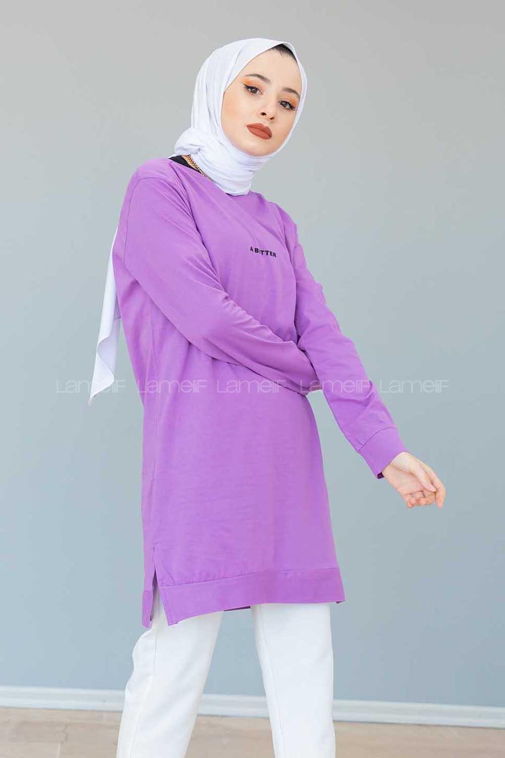 Modalamelif A Better Baskılı Yırtmaçlı Sweatshirt Lila