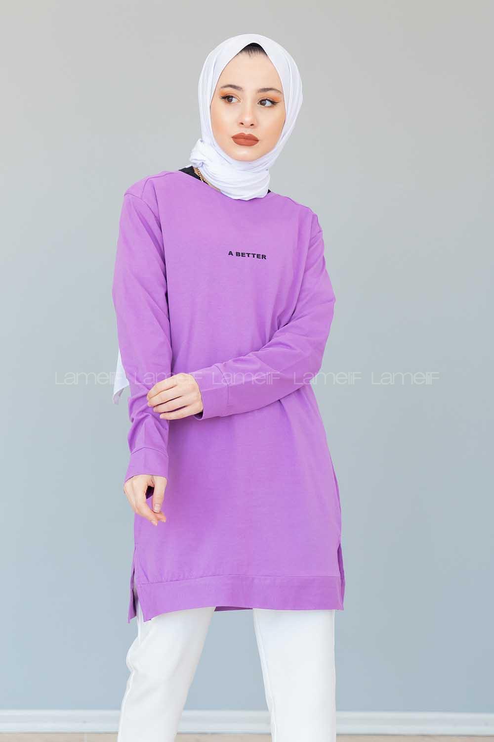 Modalamelif A Better Baskılı Yırtmaçlı Sweatshirt Lila