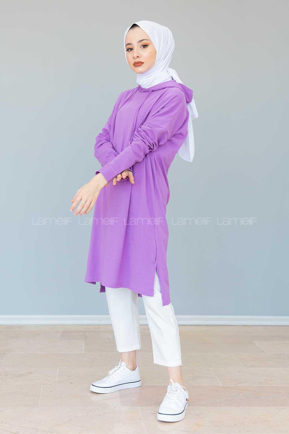 Modalamelif Kapşonlu Düz Renk Tunik  Mor