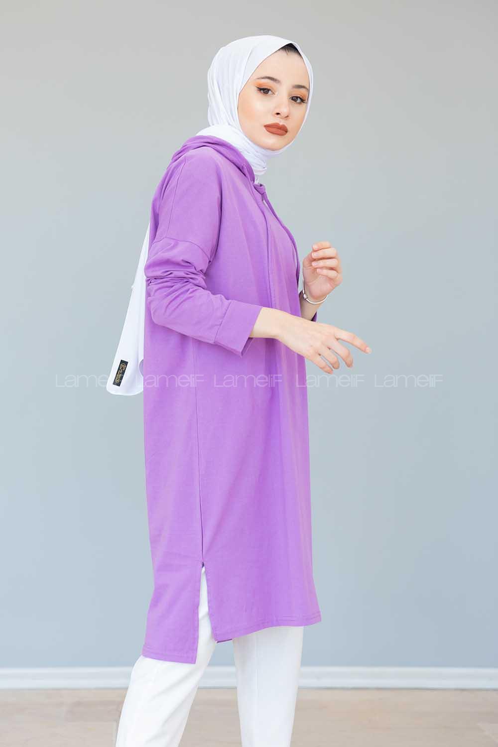 Modalamelif Kapşonlu Düz Renk Tunik  Mor