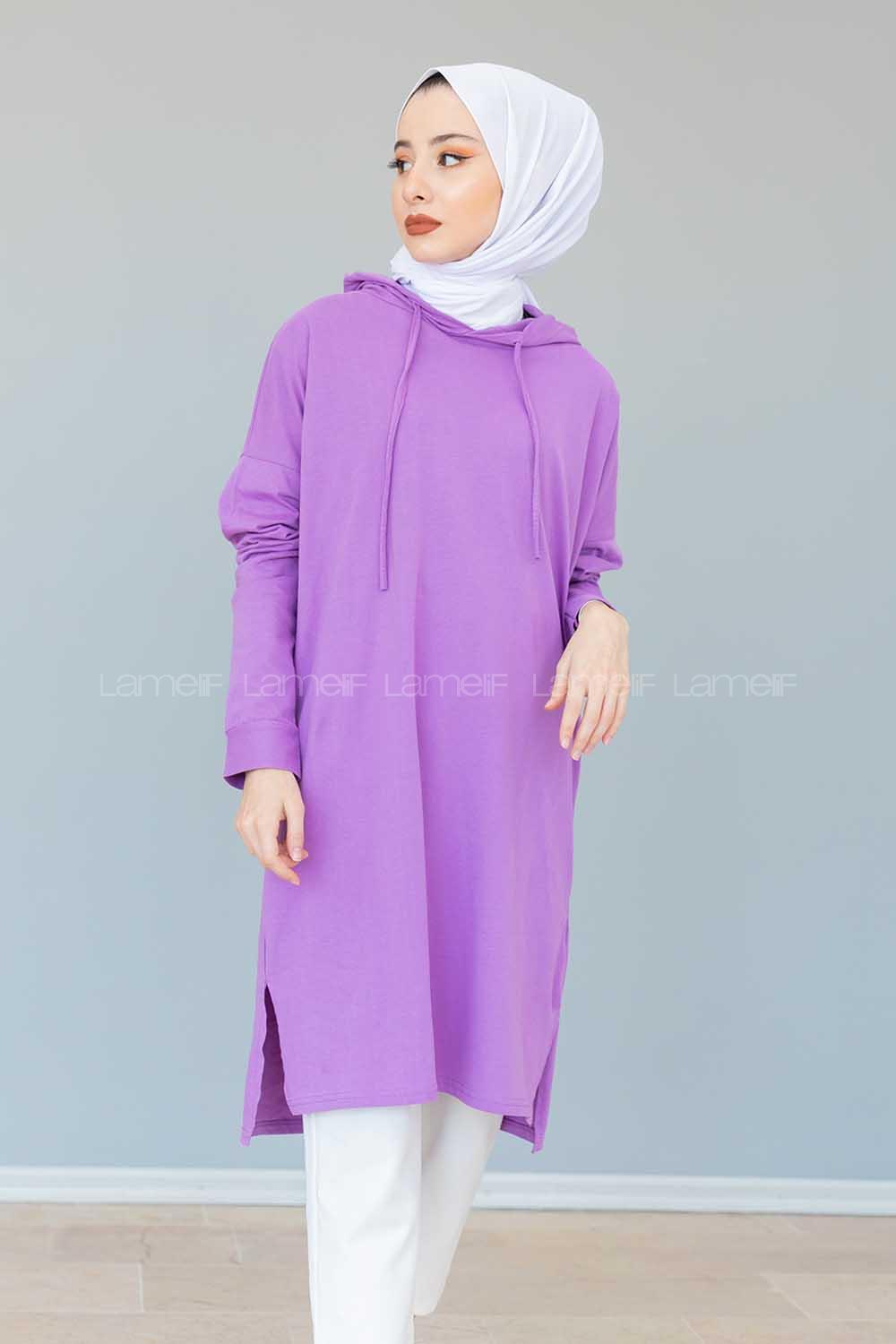 Modalamelif Kapşonlu Düz Renk Tunik  Mor