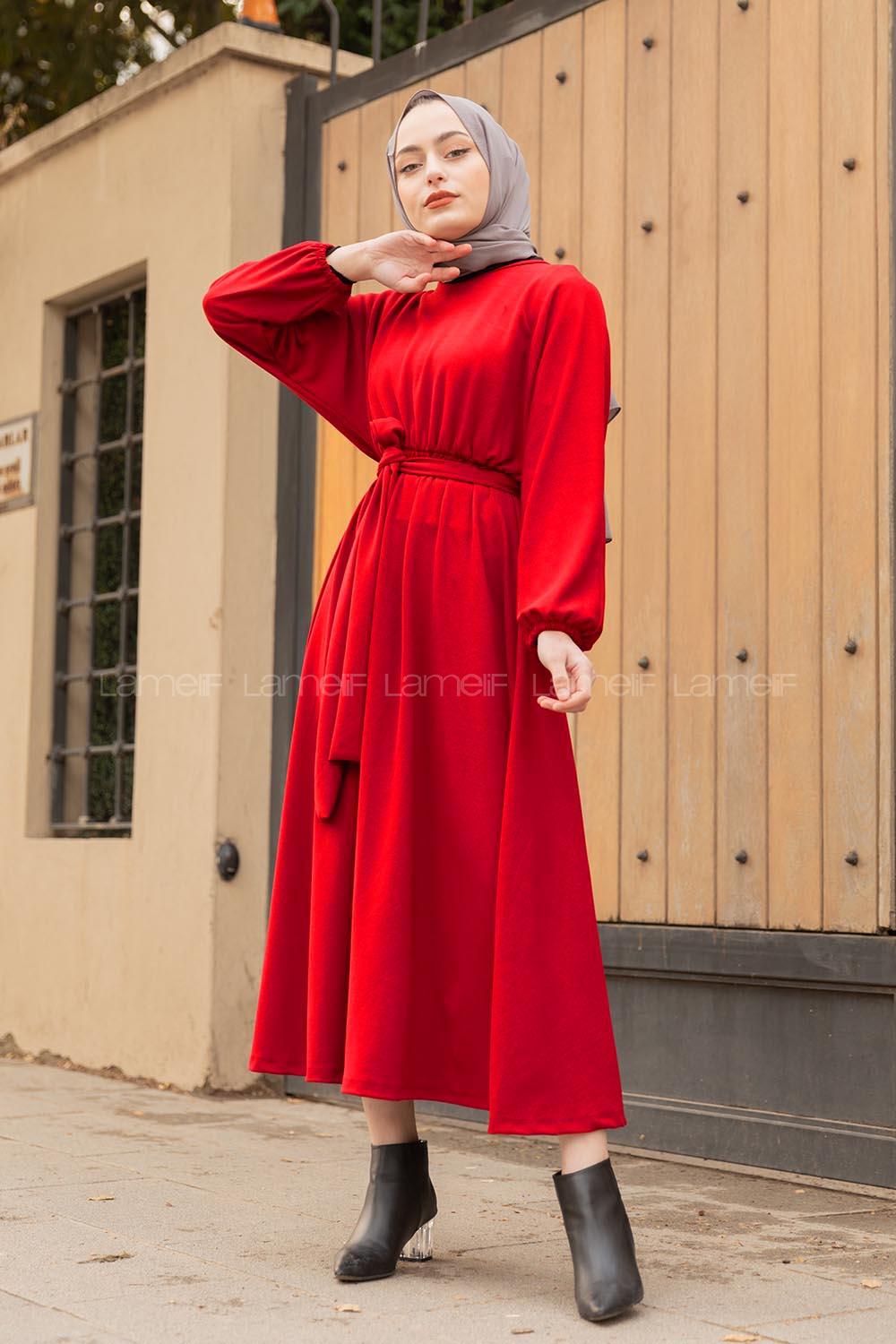 Modalamelif Yarasa Kol Kloş Etekli Mevlana Elbise Kırmızı