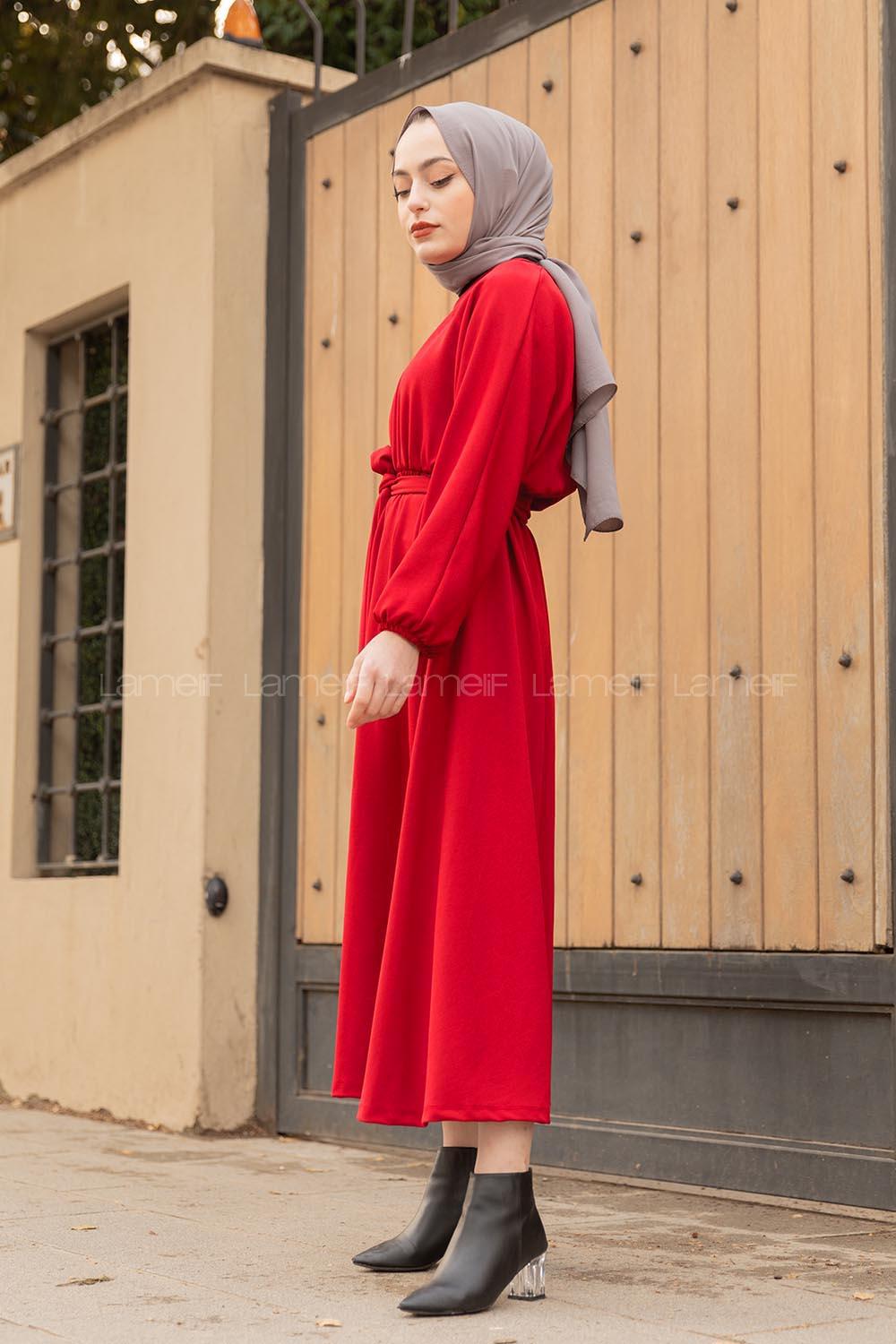 Modalamelif Yarasa Kol Kloş Etekli Mevlana Elbise Kırmızı